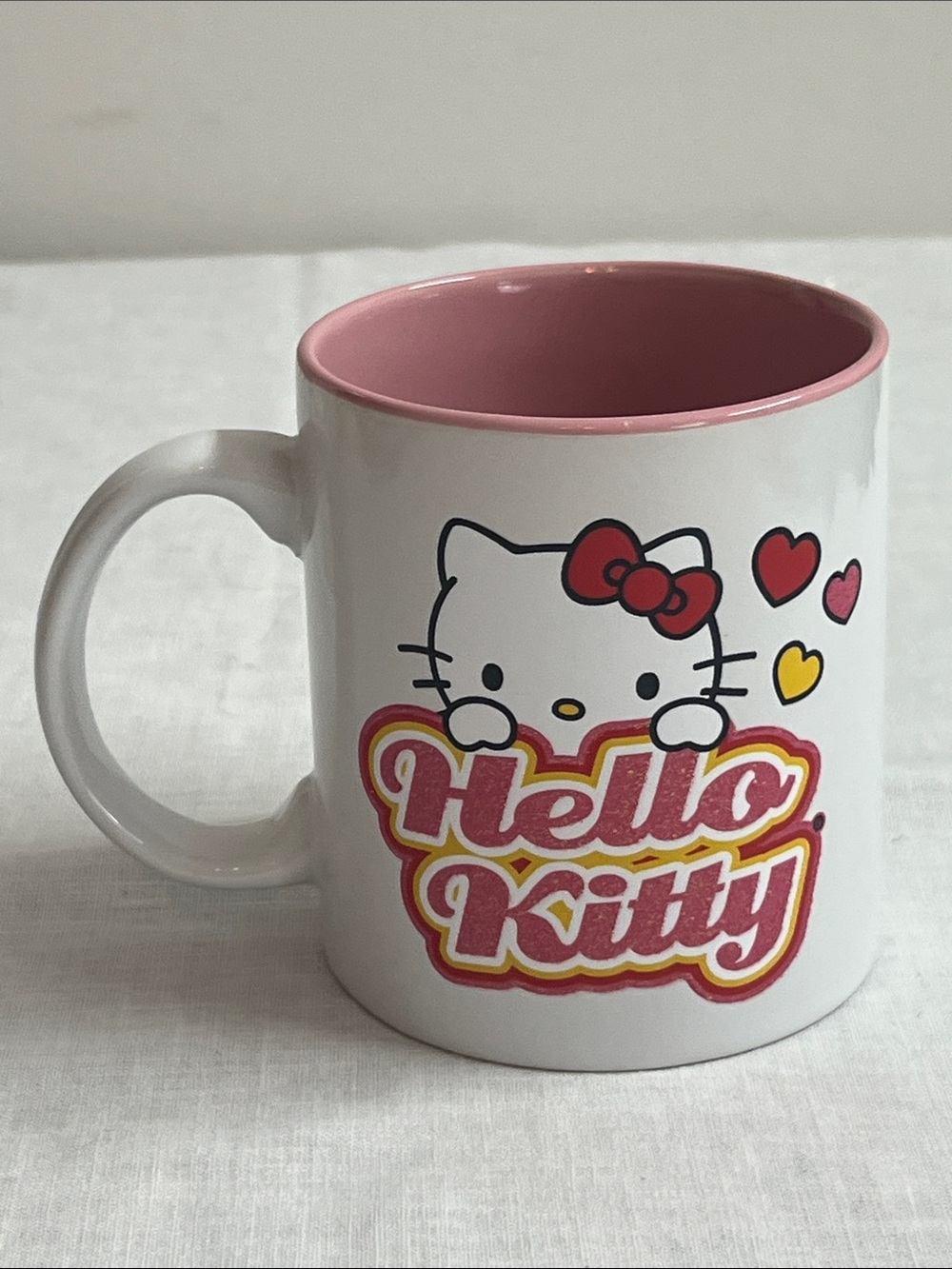 🌞 Hello Kitty Sanrio White ceramic Mug Pink Rim & inside & Sparkly Colorful Logo